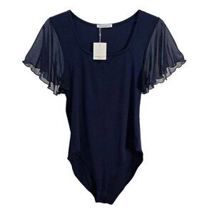 NWT | MANGOPOP Sheer Flutter Sleeve Bodysuit | Mesh Detail | Navy Blue | Medium